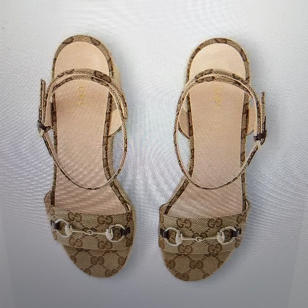 Gucci Beige Monogram Espadrille Platform Sandals - Picture 2 of 8